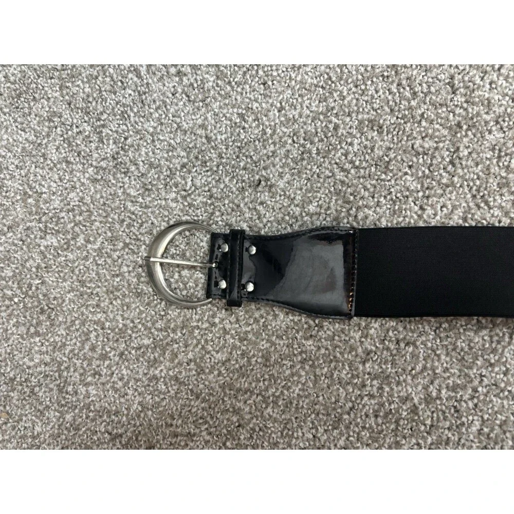 Black Stretch Belt Wide Elastic Patent Faux Leather Silver Buckle
